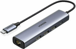 Ugreen CM475 USB 3.0 3 Port Hub with USB-C / Ethernet Connection Gray
