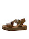 Leather Women's Flat Sandals Tabac Brown