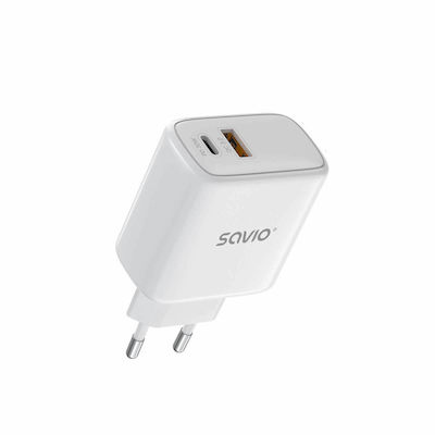 Savio Ladegerät ohne Kabel mit USB-A Anschluss und USB-C Anschluss 30W Stromlieferung / Schnellaufladung 3.0 Weißs (LA-06)