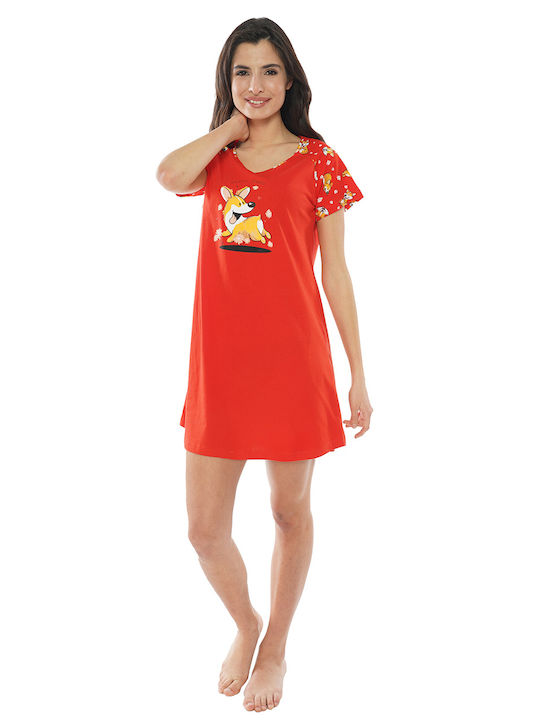 Vienetta Women's Summer Nightgown "Walking Around" with Short Sleeves-010031b Red