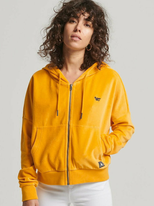 Ovin Vintage Cropped Γυναικεία Ζακέτα Φούτερ με Κουκούλα Κίτρινη