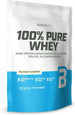 Biotech USA 100% Pure Whey with Concentrate, Isolate, Glutamine & BCAAs Molkenprotein Glutenfrei mit Geschmack Milchreis 454gr