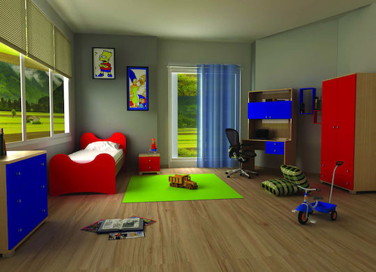 Set de Dormitor pentru Copii Kimmie Roșu Stejar 5buc cu Pat pentru Saltea 90x190buc