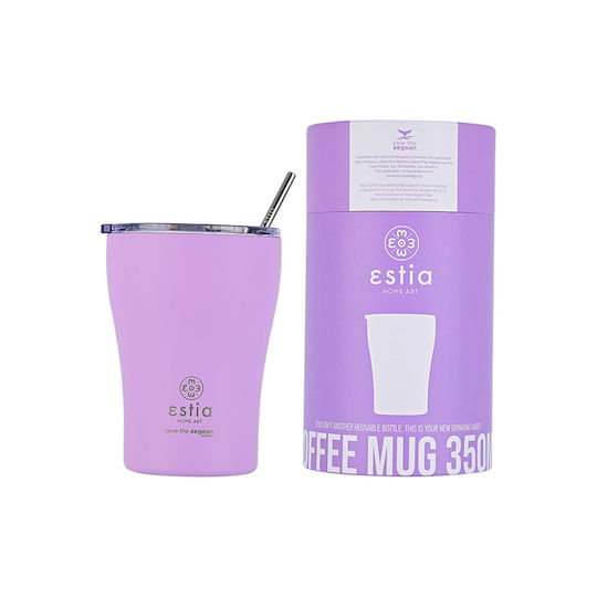 Estia Coffee Mug Save The Aegean Recyclable Glass Thermos Stainless Steel BPA Free 350ml Lavender Purple with Straw
