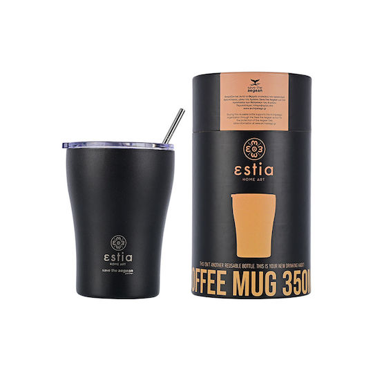 Estia Coffee Mug Save The Aegean Recyclable Glass Thermos Stainless Steel BPA Free 350ml Midnight Black with Straw