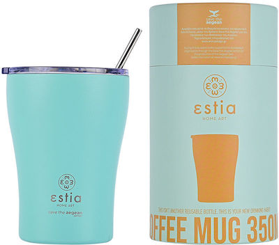 Estia Coffee Mug Save The Aegean Sticlă Termos Oțel inoxidabil Fără BPA Bermuda Green 350ml cu Paie