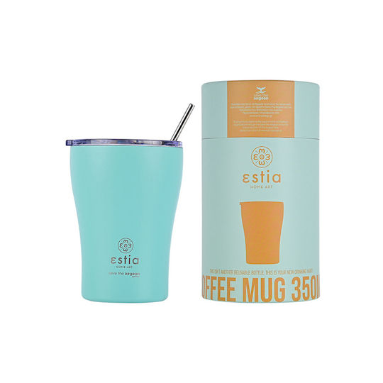 Estia Coffee Mug Save The Aegean Ανακυκλώσιμο Ποτήρι Θερμός Ανοξείδωτο BPA Free 350ml Bermuda Green με Καλαμάκι