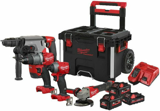 Milwaukee FPP4A2-553P Set Angle Wheel & Drill Driver & Impact Screwdriver & Excavator Brushless 18V with 3 Batteries 5.5Ah and Case