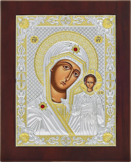 Prince Silvero Saint Icon Our Lady of Kazan on Brown Wood Silver 18x22cm