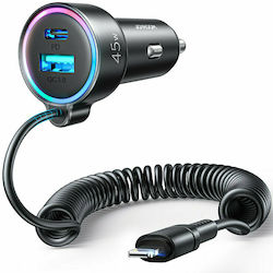 Joyroom Car Charger Black with Ports: 1xUSB 1xType-C with Cable Lightning