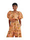 Safari Women's Summer Crop Top Linen Short Sleeve with Boat Neckline Floral Orange