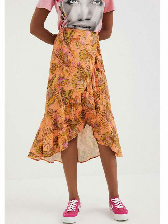 Linen High-waisted Midi Skirt Envelope Floral Orange