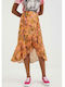 Linen High-waisted Midi Skirt Envelope Floral Orange