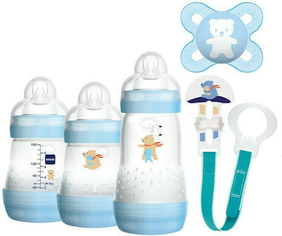 Mam Set aus Plastikflaschen Welcome To The World Gift Set Gegen Koliken mit Silikonsauger für 0+, 0+ m, Monate Light blue Teddybär 260ml 5Stück