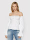 Guess Women's Blouse Cotton Off-Shoulder Long Sleeve White
