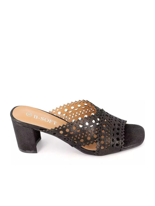 B-Soft Mules με Χοντρό Ψηλό Τακούνι σε Μαύρο Χρώμα