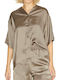 Women's Satin Monochrome Short Sleeve Shirt Beige