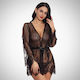 La Lolita Amsterdam Sexy Robe with Lace and Transparency Lace See Through Nightgown with Satin Ribbon Black