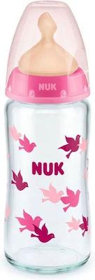 Nuk Glasflasche First Choice Plus Temperature Control Gegen Koliken mit Kautschuksauger für 0-6 Monate Pink Vögel 240ml 1Stück