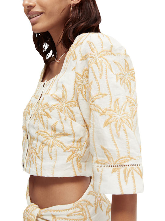 Scotch & Soda Women's Summer Crop Top Linen Short Sleeve White