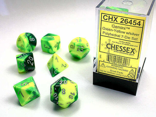 Chessex Dungeons & Dragons Gemini Polyhedral Dice Green/Yellow/Silver 7pcs 26454
