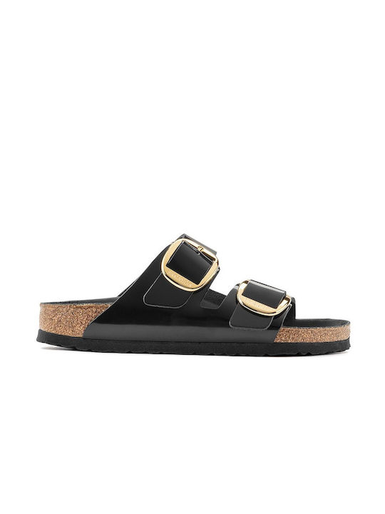 Birkenstock Arizona Big Buckle Natural Leather Patent Leather Women's Flat Sandals In Black Colour