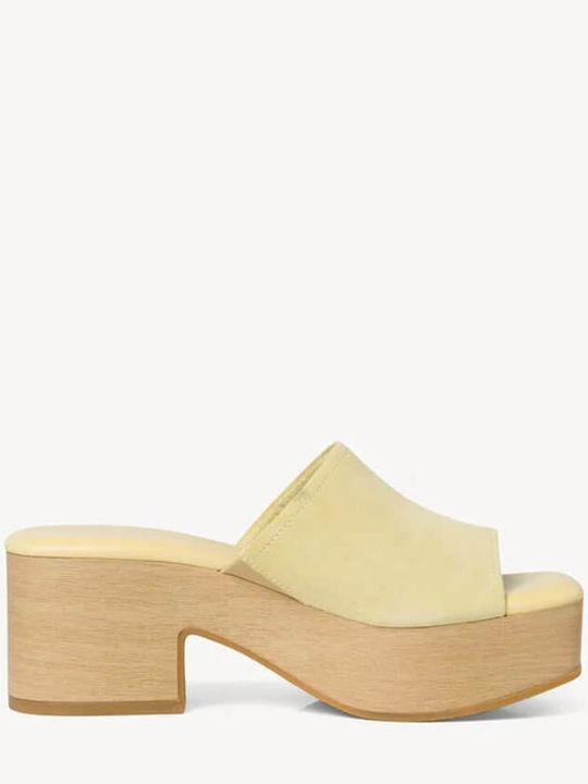 Tamaris Suede Mules με Χοντρό Ψηλό Τακούνι Lemon