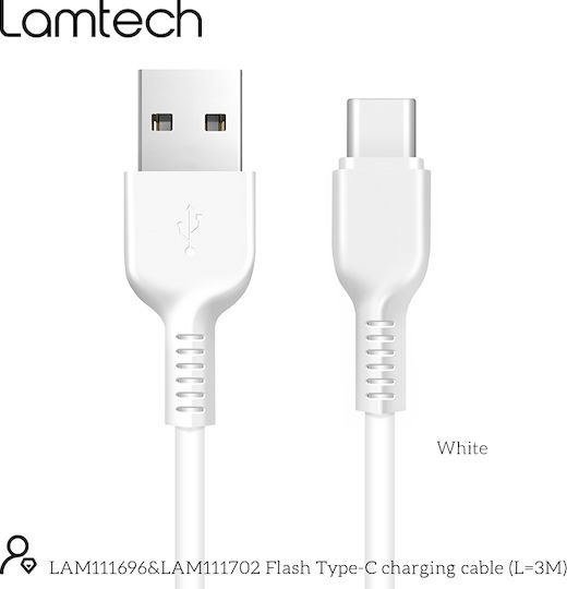 Lamtech USB 2.0 Cable USB-C male - USB-A 18W Λευκό 3m LAM111702