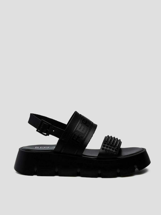 Replay Leather Women's Flat Sandals in Black Color