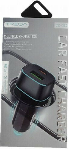 Treqa CC-320 Auto-Ladegerät 3A Schnellladung mit Anschlüssen: 1xUSB 1xType-C Schwarz Farbe