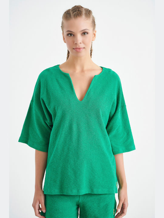 SugarFree Women's Summer Blouse Cotton with 3/4 Sleeve & V Neckline Green