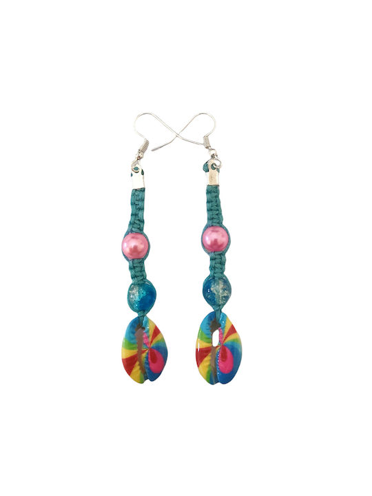 Cercei lungi cu scoici reale multicolore și perle fucsia (oțel)