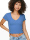 Only Women's Summer Crop Top Short Sleeve with V Neck Blue