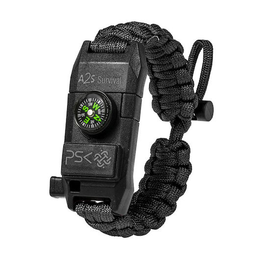A2S Survival Bracelet with Whistle and Fire Starter Black