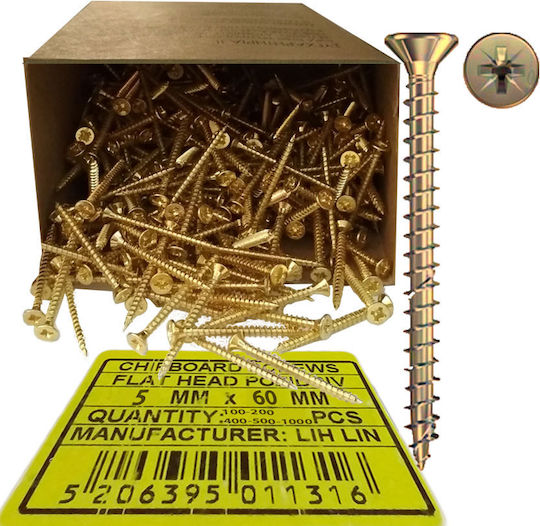 Lih Lin MDF Screw Phillips with Diameter M5 and Length 60mm 100pcs Golden