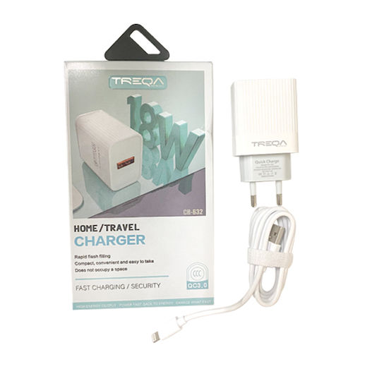 Treqa Ladegerät mit USB-A Anschluss und Kabel Blitzschlag 18W Schnellaufladung 3.0 Weißs (CS-632)
