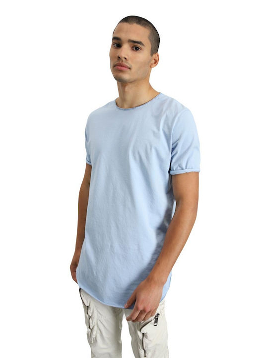 Light blue short-sleeved blouse with crooked seam
