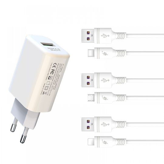 XO Φορτιστής με Θύρα USB-A και Καλώδιο Lightning 18W Quick Charge 3.0 Λευκός (L85D)