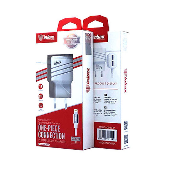 Inkax Charger with Built-in Cable with 2 USB-A Ports Lightning Whites (CD-63)
