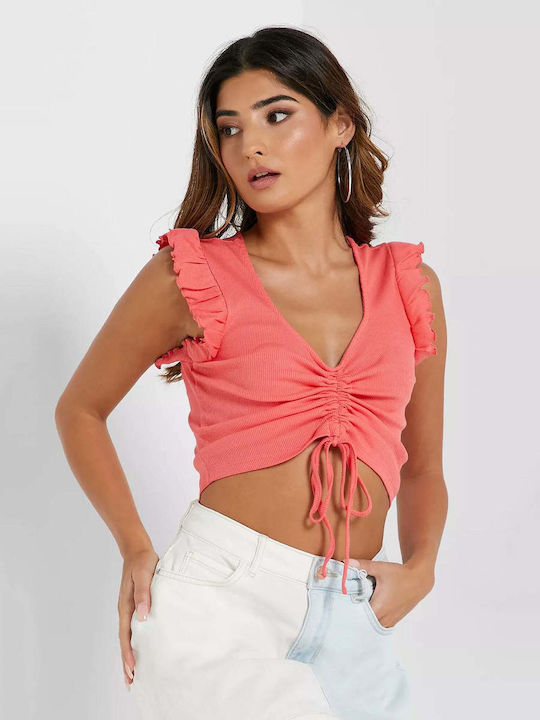 Only Women's Summer Crop Top Cotton Sleeveless with V Neck Fuchsia