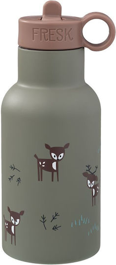 Fresk Kids Water Bottle Thermos Stainless Steel with Straw Deer Olive 350ml