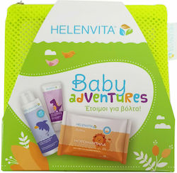 Helenvita Promo Baby Adventures Комплект за грижа Light Green Бебешки почистващ крем за цялостно почистване 100ml & бебешки крем за обриви от пелени 20ml & бебешки кърпички 20бр & тоалетна чанта 4бр