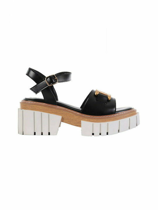 Favela Piele Sandale dama cu Chunky Toc Mediu in Culorea Negru