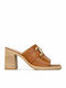 Leather Mules with Chunky High Heel in Tabac Brown Color