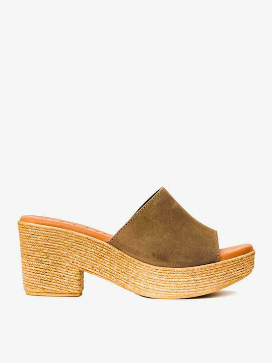 Oh My Sandals Δερμάτινα Mules με Χοντρό Ψηλό Τακούνι Taupe