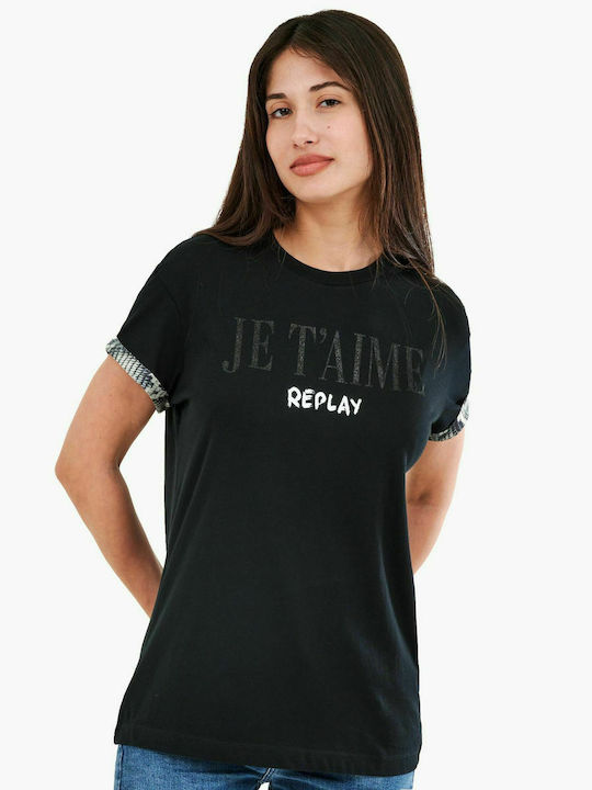 Replay Γυναικείο T-shirt Μαύρο με Στάμπα