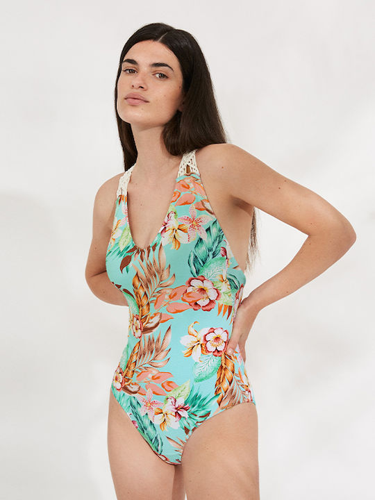 Costum De Baie Întreg Pentru Bust Mare Floral Turcoaz