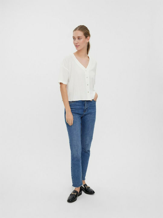 Vero Moda Women's Summer Crop Top Linen Short Sleeve with V Neck White