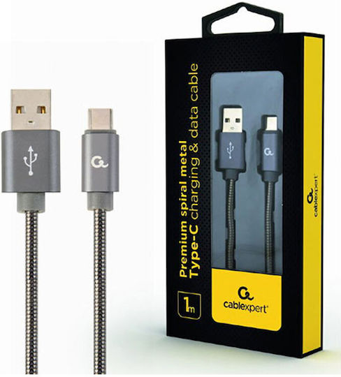 Cablexpert Premium Spiral Metal Spiral USB 2.0 Cable USB-C Male - USB-A Gray 1m