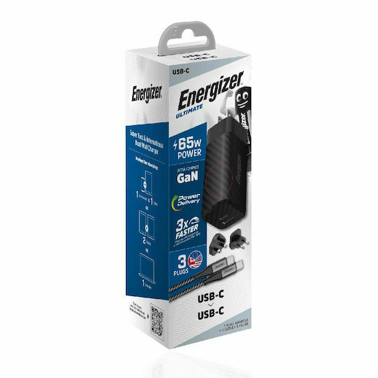 Energizer Φορτιστής GaN με Θύρα USB-A και Θύρα USB-C και Καλώδιο USB-C 65W Power Delivery Μαύρος (A65MUC)